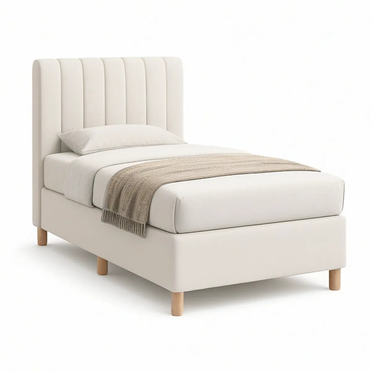 Einzel-Polsterbett 90 x 200 cm in Creme mit Naturholzfüssen