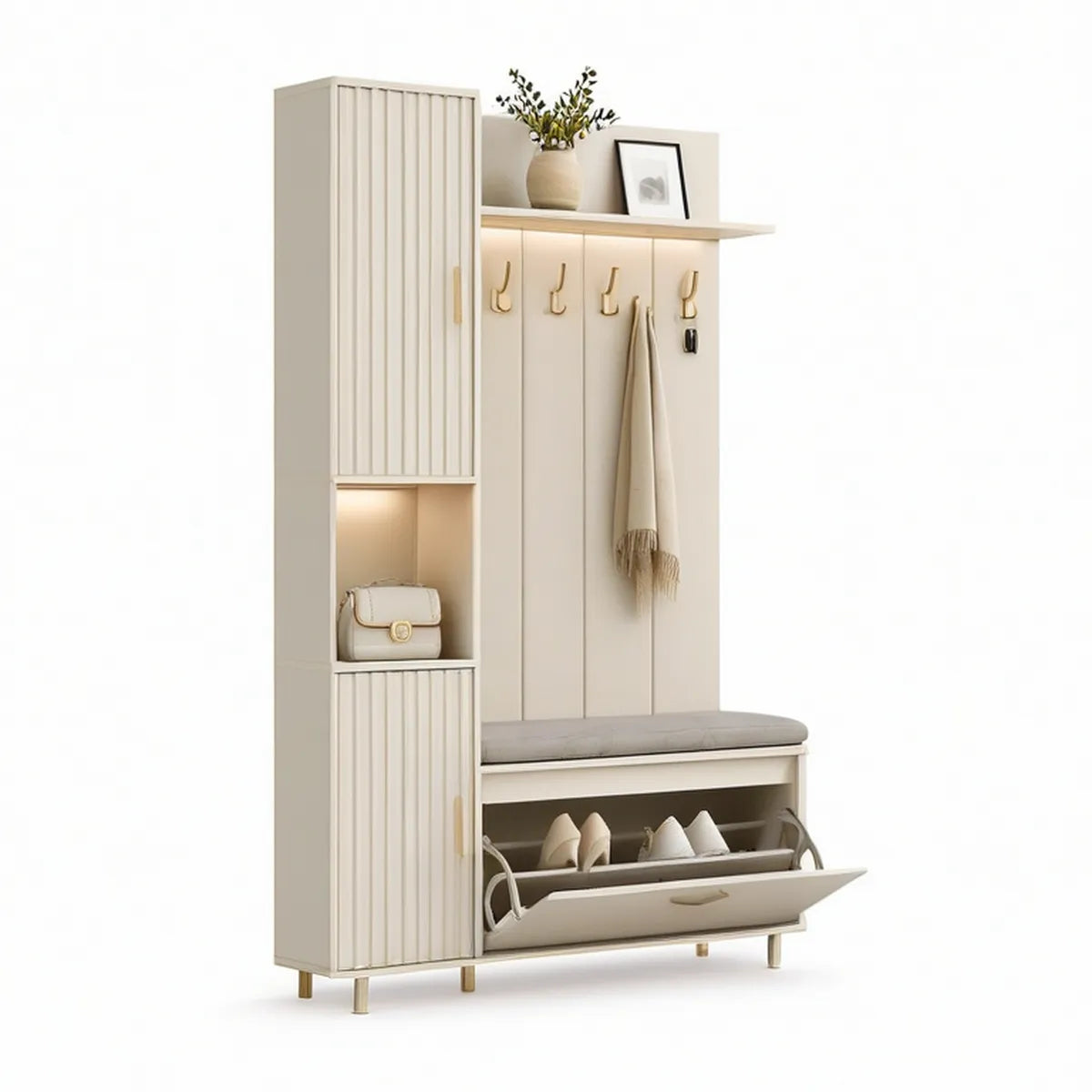 Garderobenkombination mit Sitzbank und Schuhkipper, 120 x 35 x 180 cm, Cremeweiss/Grau/Gold