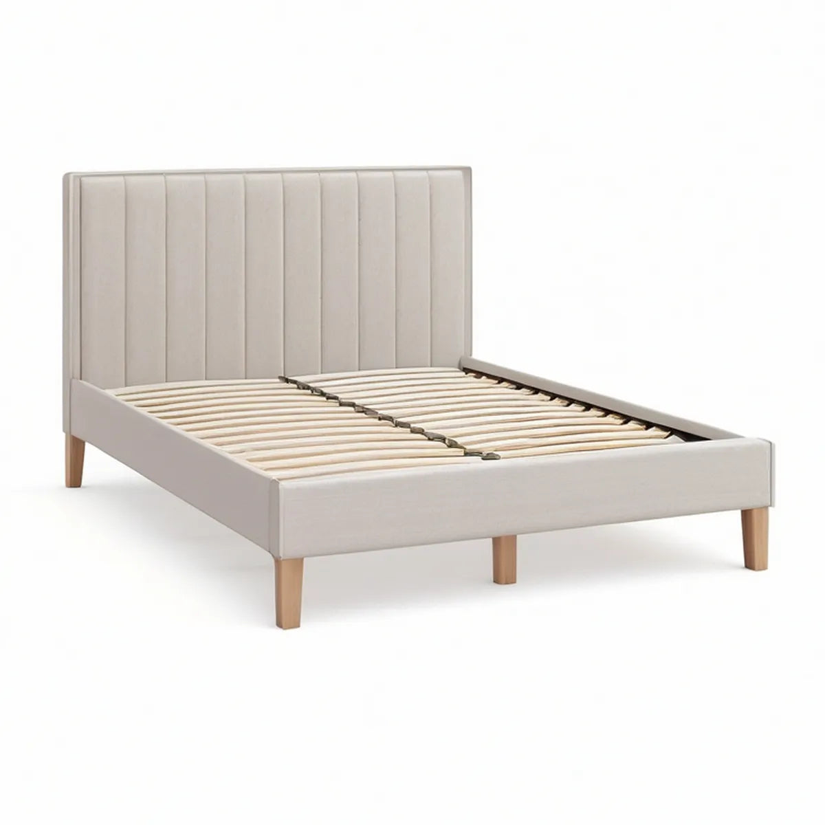Gepolstertes Doppelbett 160 x 200 cm mit Lattenrost und hohem Kopfteil, Beige/Natur