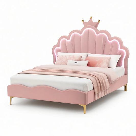 Kinderbettgestell 160 x 200 cm aus rosa Samt mit Muschel-Kopfteil, LED-Beleuchtung und Krone