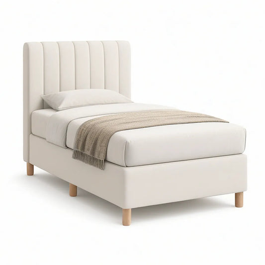 Einzel-Polsterbett 90 x 200 cm in Creme mit Naturholzfüssen