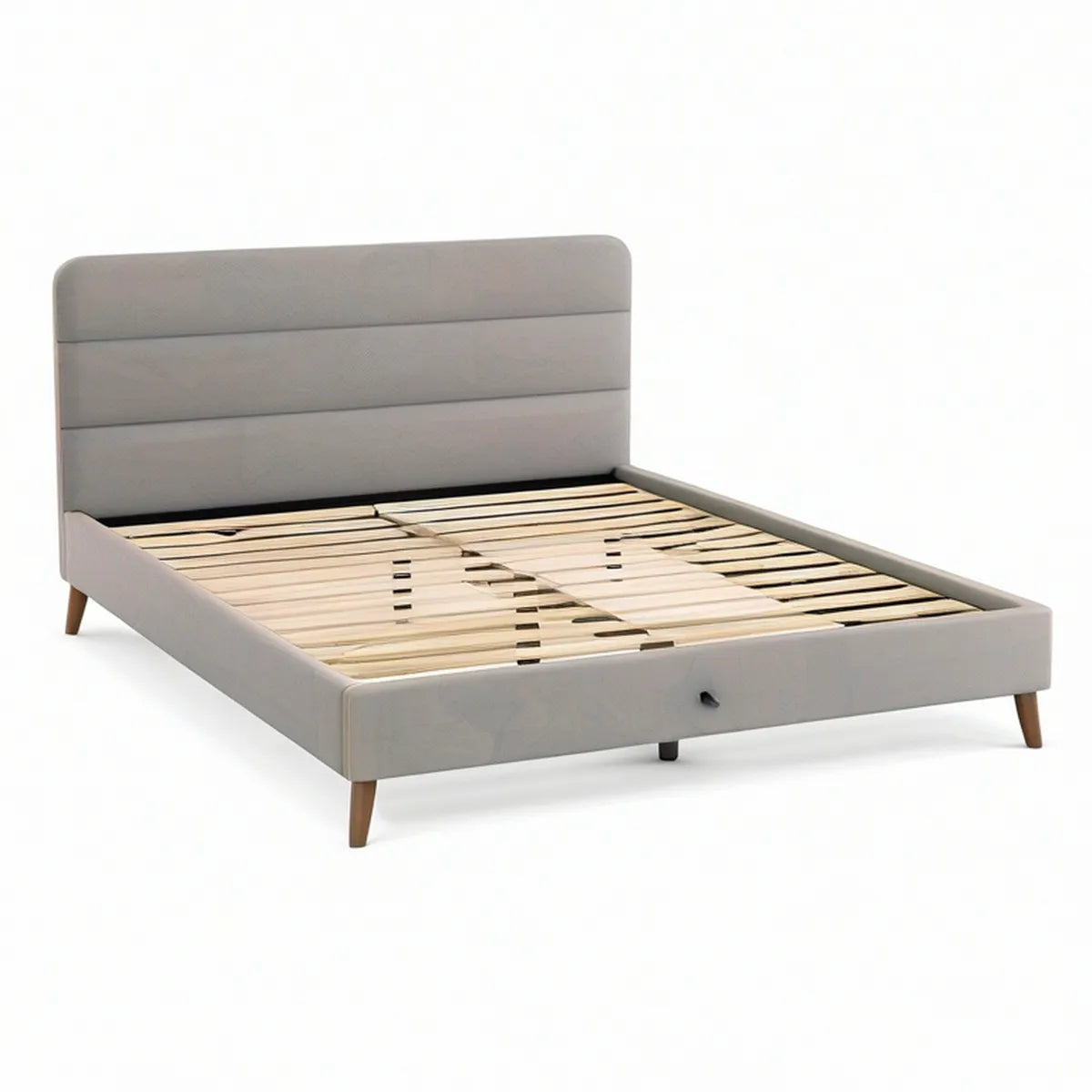 Gepolstertes Bett mit Bettkasten und Lattenrost, 160 x 200 cm, Grau/Naturholz