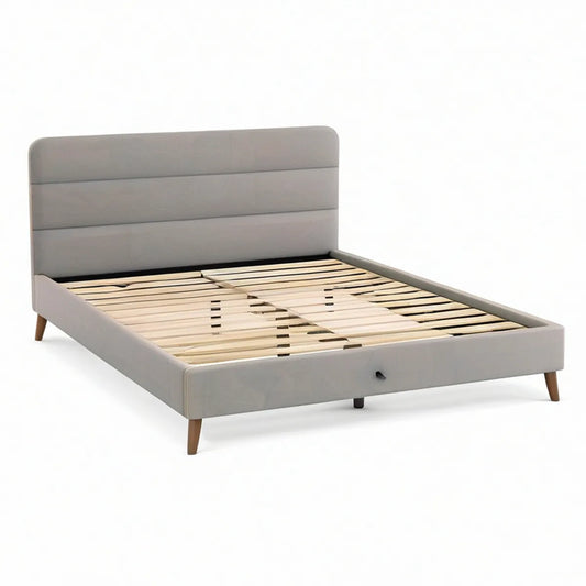 Gepolstertes Bett mit Bettkasten und Lattenrost, 160 x 200 cm, Grau/Naturholz