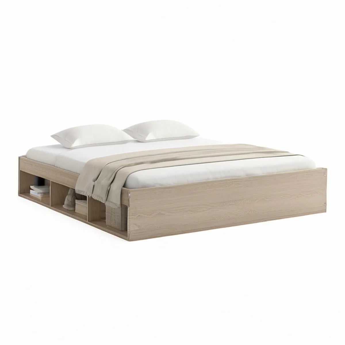 Bettgestell mit offenen Ablagefächern 160 x 200 cm, helle Eichenoptik Beige