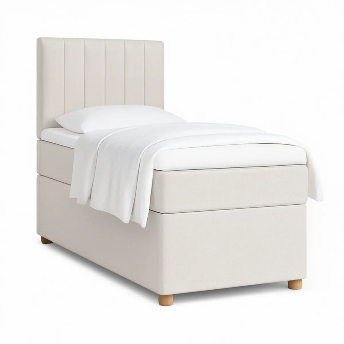 Gepolstertes Einzelbett 90 × 200 cm mit vertikal gestepptem Kopfteil, Beige/Natur