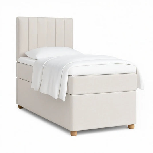 Gepolstertes Einzelbett 90 × 200 cm mit vertikal gestepptem Kopfteil, Beige/Natur