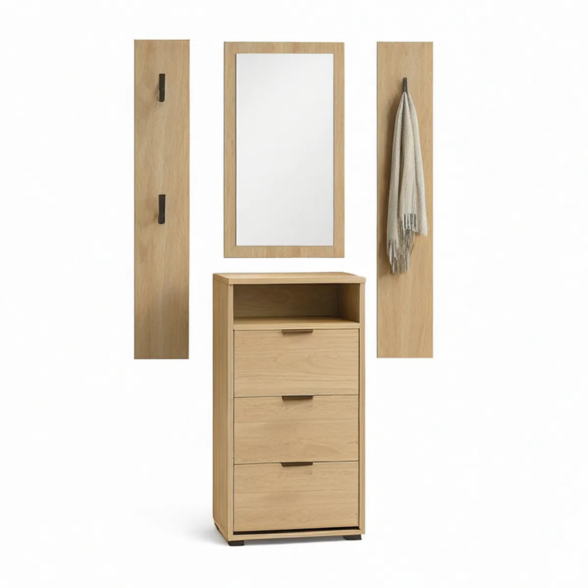 4-teiliges Garderoben-Set in Eiche Natur mit Schuhschrank, Spiegel und Garderobenpaneelen, 65 x 120 x 35 cm