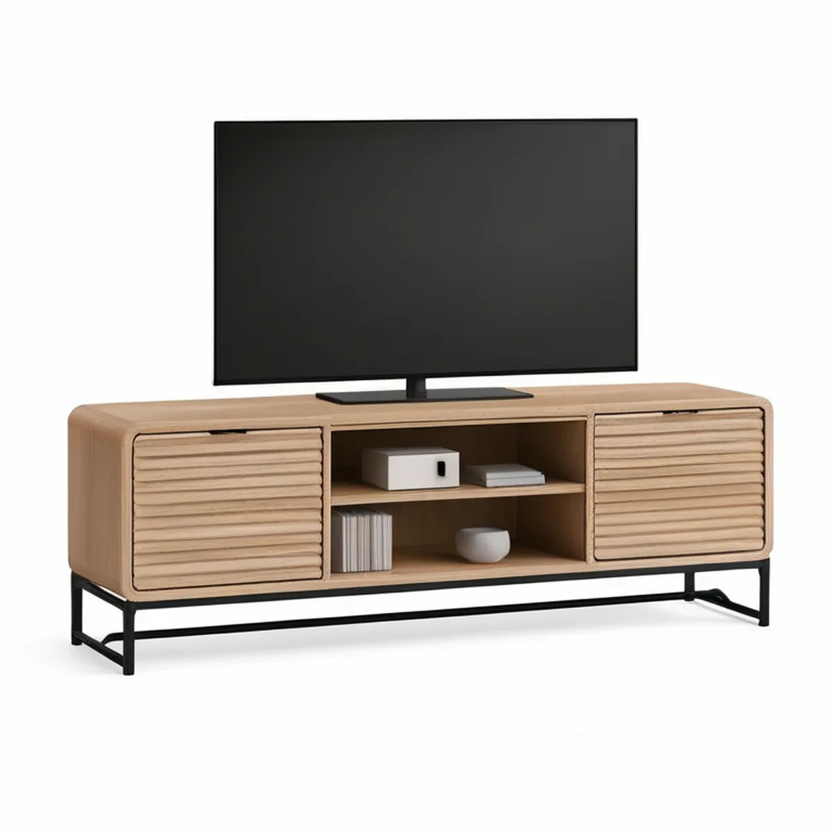 TV-Lowboard aus MDF mit Eichenfurnier, Natur/Schwarz, 180 x 40 x 60 cm