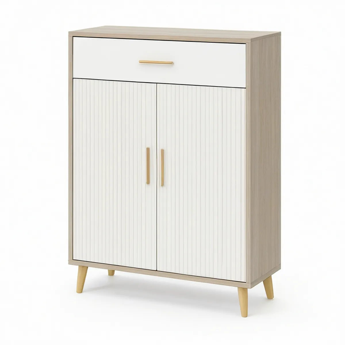 Flurschrank mit 1 Schublade und 2 Türen in Weiss, heller Eiche und Gold, 80 x 35 x 120 cm