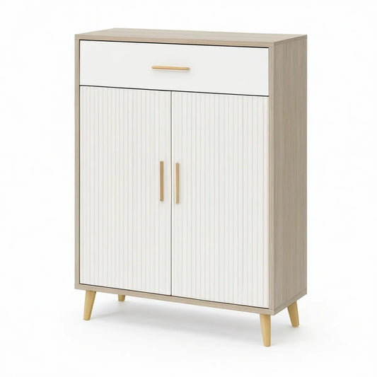Flurschrank mit 1 Schublade und 2 Türen in Weiss, heller Eiche und Gold, 80 x 35 x 120 cm