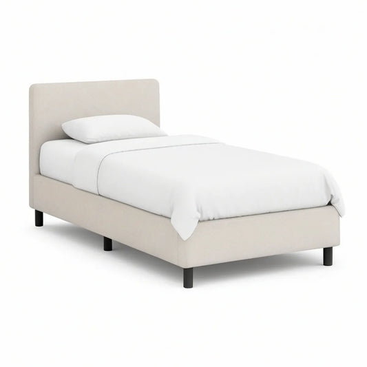 Polsterbett 90 x 200 cm mit gepolstertem Kopfteil aus Polyester, Beige/Schwarz