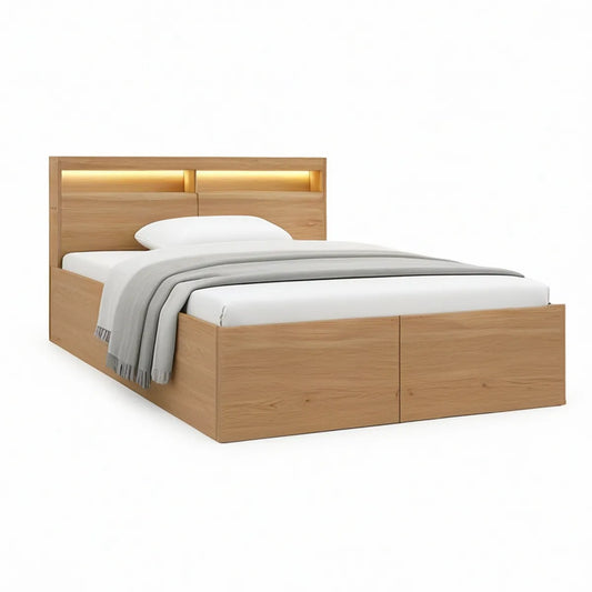 Stauraumbett 160 x 200 cm aus MDF mit Eichenfurnier Natur und LED-Kopfteil